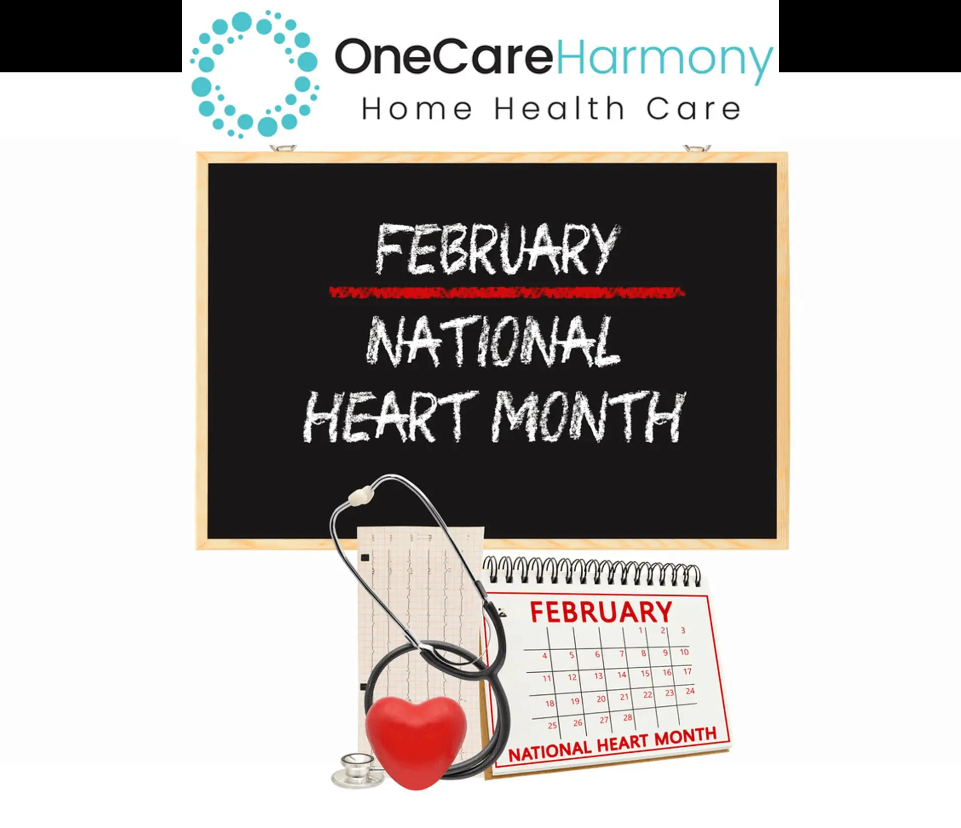 National Heart Month image with heart and stethoscope promoting heart disease prevention for seniors.