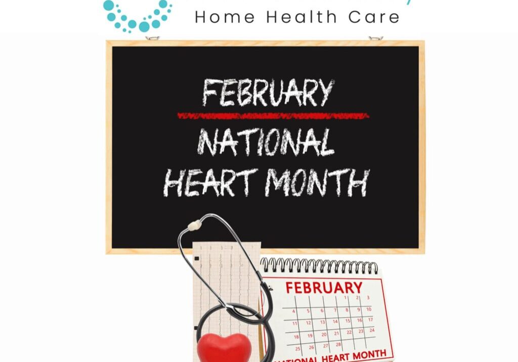 National Heart Month image with heart and stethoscope promoting heart disease prevention for seniors.